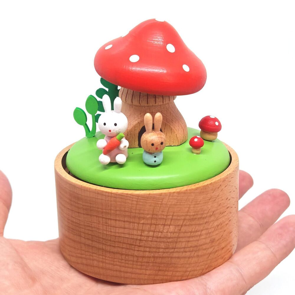 6060 Small Mushroom House Mini Music Box, Palm Sized Rabbit Mushroom Wooden